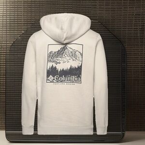 Columbia Cream Trek Graphic Portland Oregon Fleece Hoodie Drawstring Sweatshirt